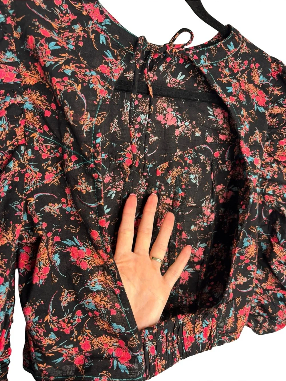 Free People Monica Floral Cropped Top Corset Black Cotton Boho Small Western